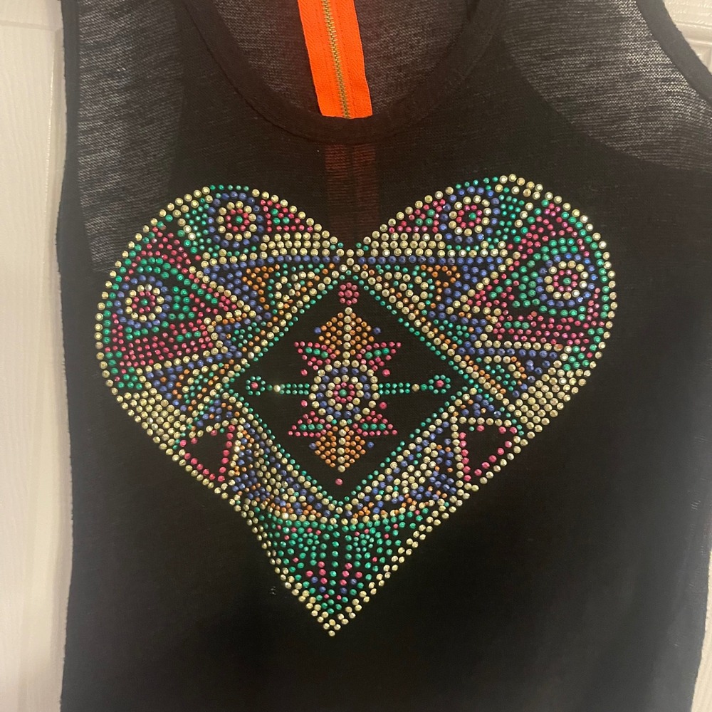 Bongo Rhinestone Heart Tank Top Sleeveless Casual Top Black Medium - Picture 2 of 5